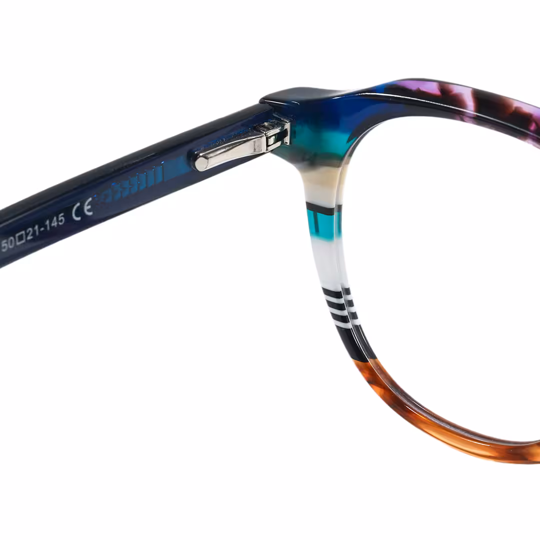Hinge detail of Kismet colorful geometric acetate eyeglasses GA0412605 in multicolor