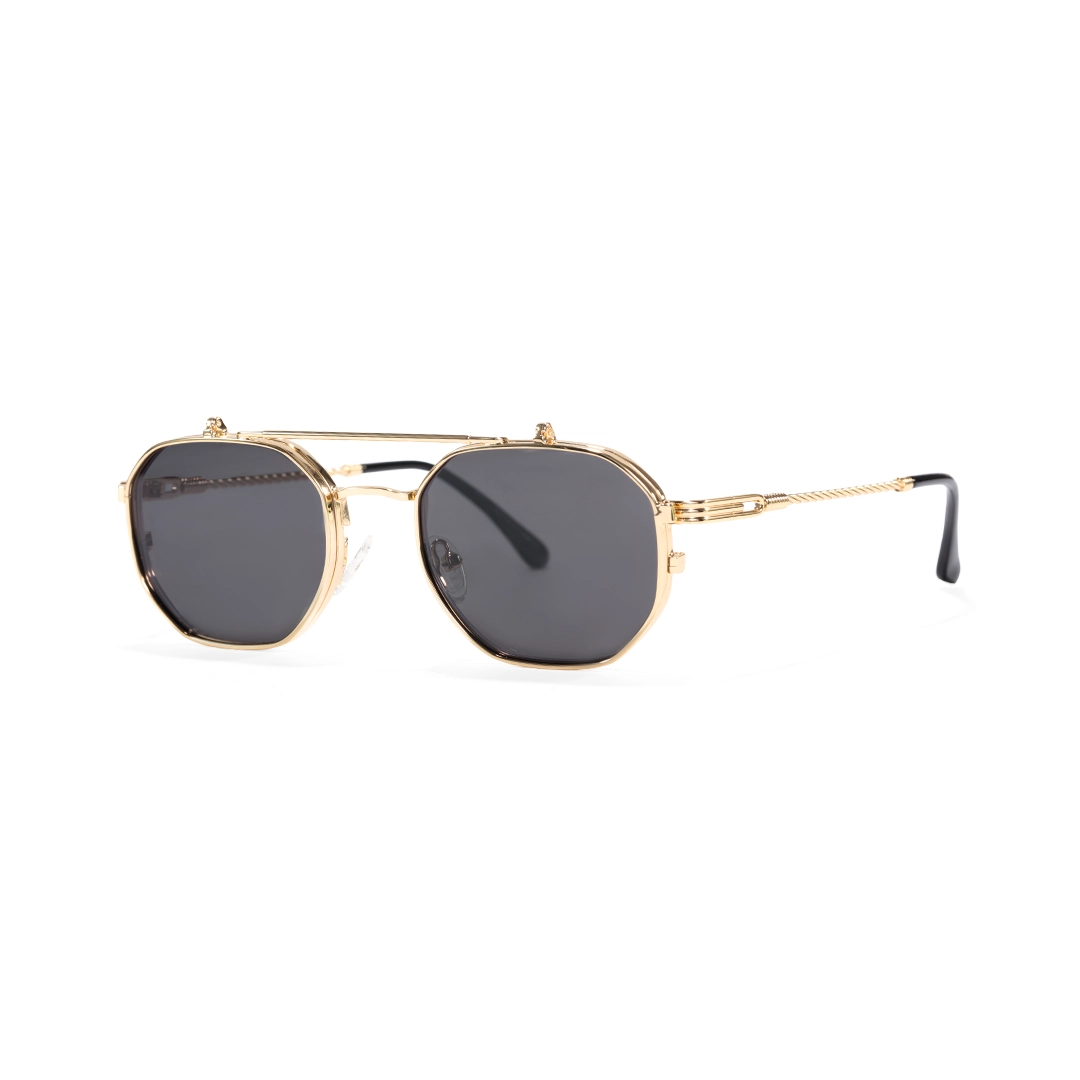 Angle view of Vector geometric metal flip-up eyeglasses in closed position GM0052601 in gold