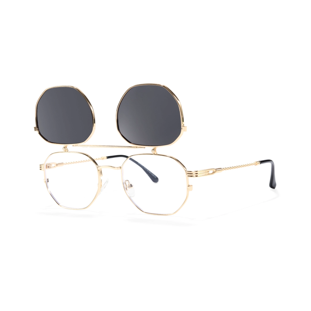 Angle view of Vector geometric metal flip-up eyeglasses in open position GM0052601 in gold