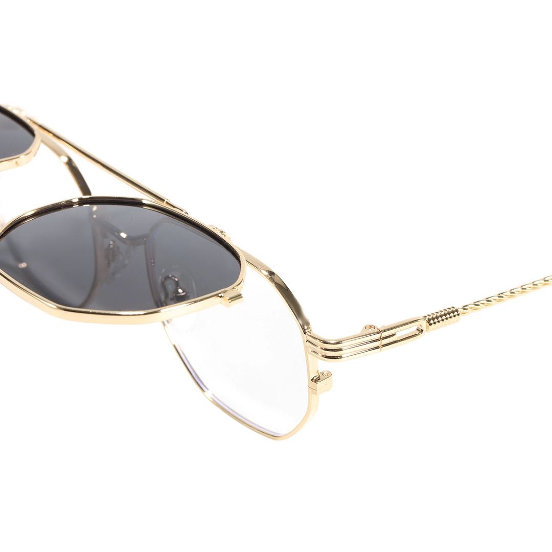 End piece detail of Vector geometric metal flip-up eyeglasses in open position GM0052601 in gold