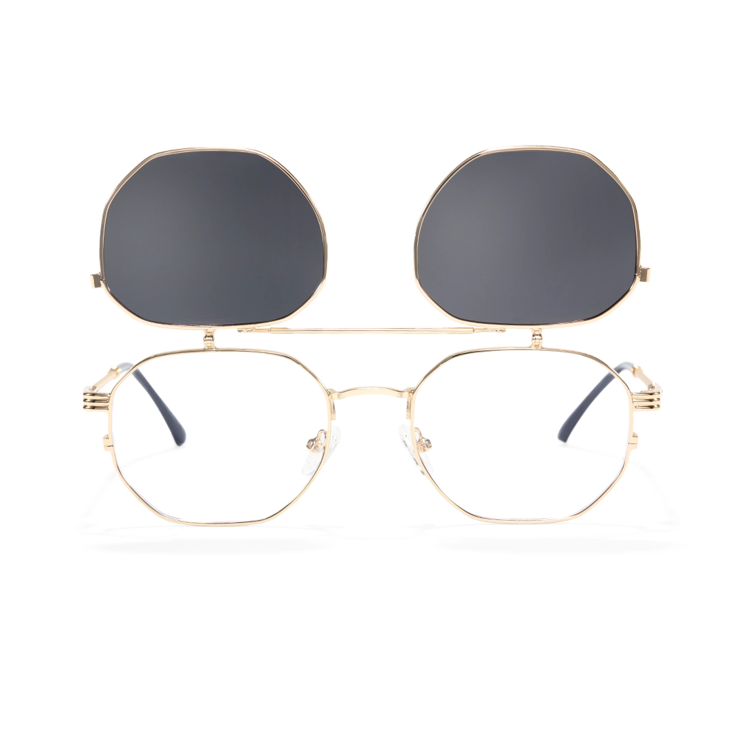 Front view of Vector geometric metal flip-up eyeglasses in open position GM0052601 in gold