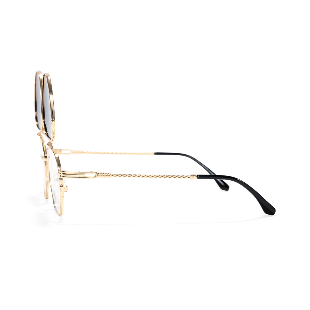 Side view of Vector geometric metal flip-up eyeglasses in open position GM0052601 in gold