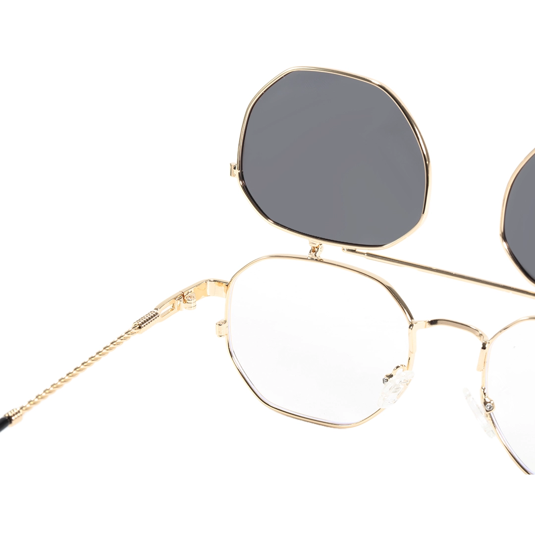 Spring hinge detail of Vector geometric metal flip-up eyeglasses GM0052601 in gold