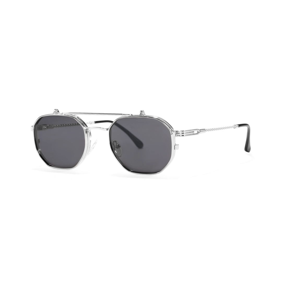 Angle view of Vector geometric metal flip-up eyeglasses in closed position GM0052601 in silver