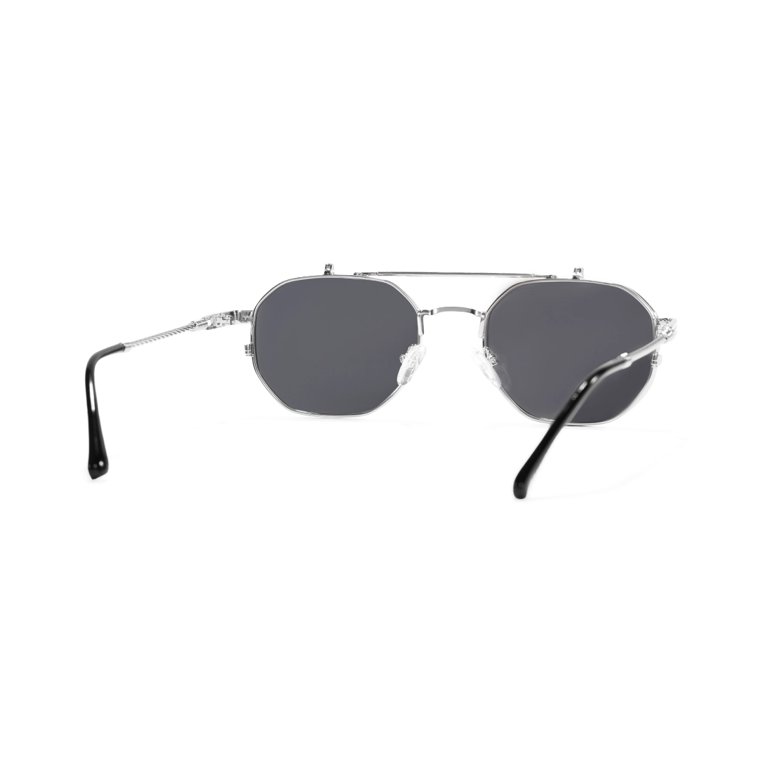 Back view of Vector geometric metal flip-up eyeglasses in closed position GM0052601 in silver