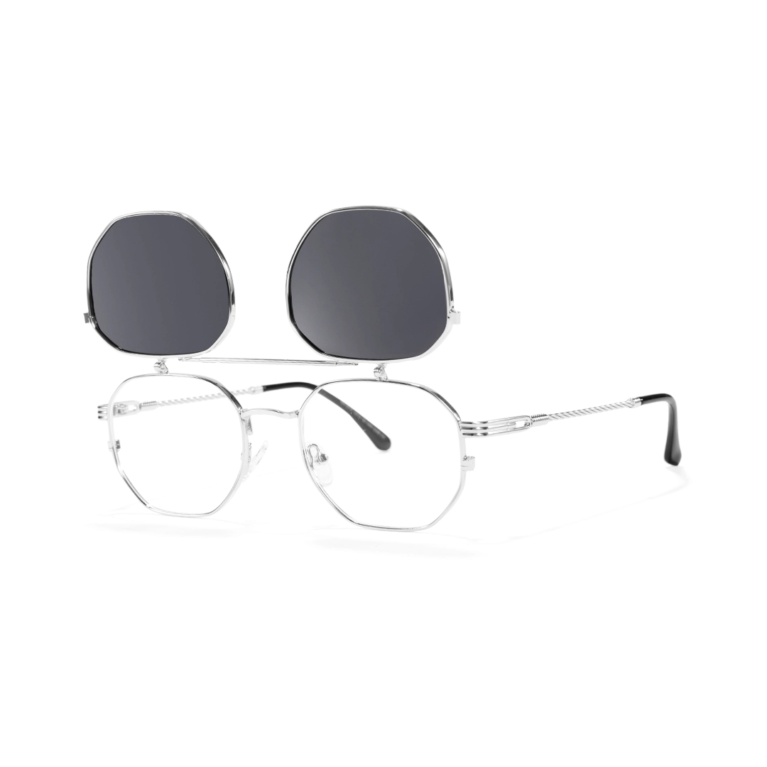 Angle view of Vector geometric metal flip-up eyeglasses in open position GM0052601 in silver