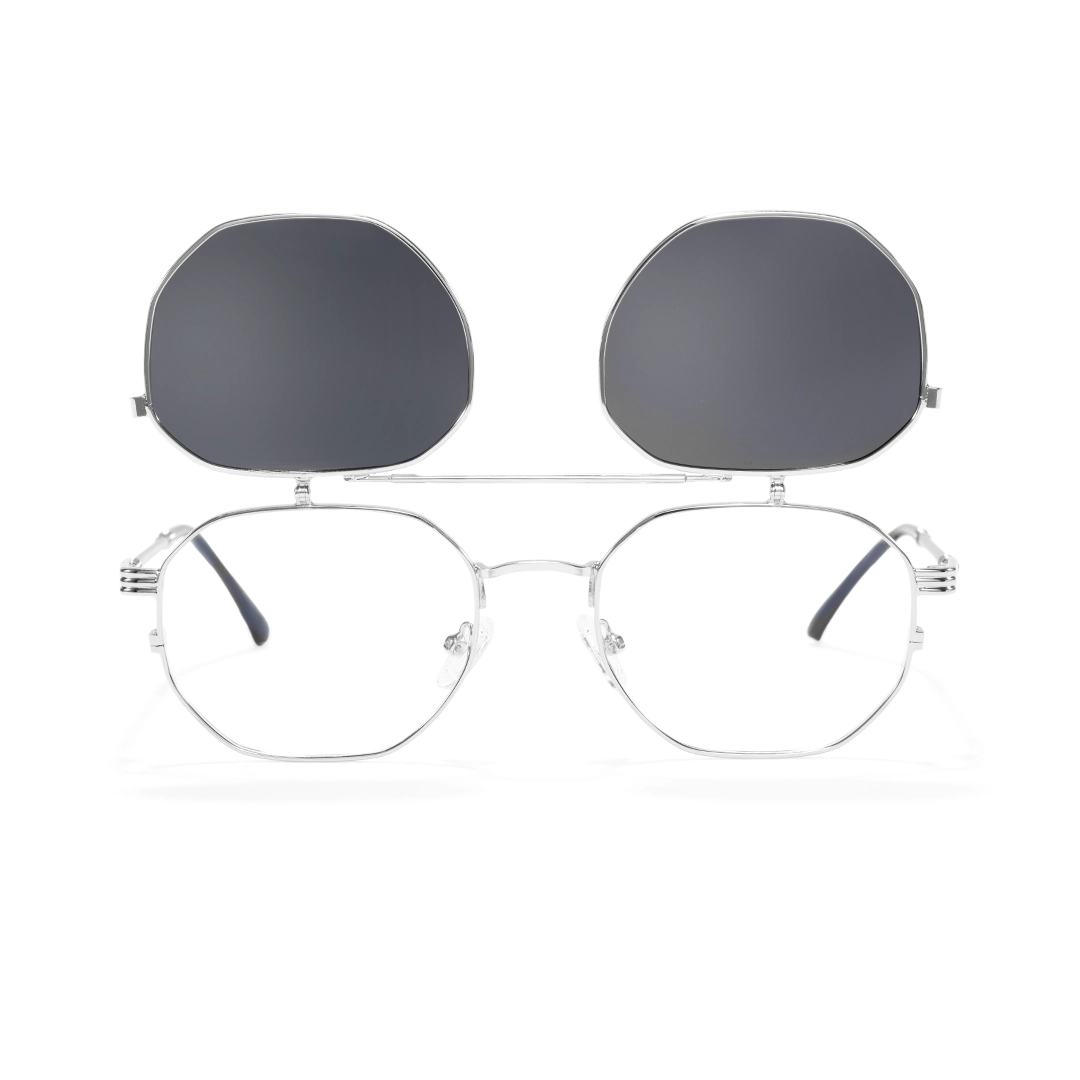 Front view of Vector geometric metal flip-up eyeglasses in open position GM0052601 in silver