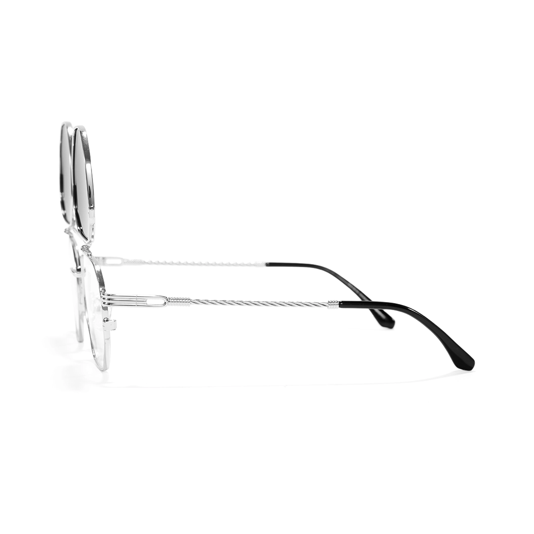 Side view of Vector geometric metal flip-up eyeglasses in open position GM0052601 in silver