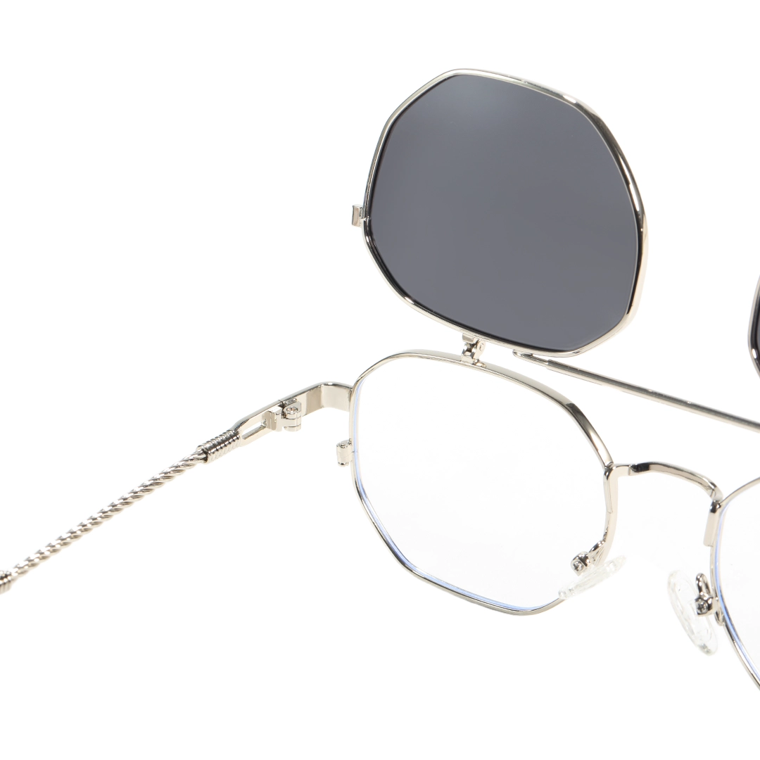 Spring hinge detail of Vector geometric metal flip-up eyeglasses GM0052601 in silver