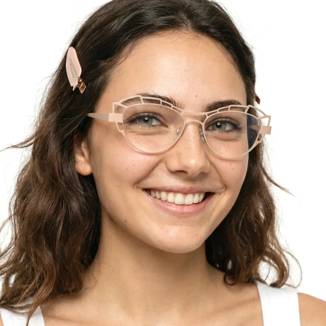 Three-quarter view of female wearing beige geometric eyeglasses, smiling, GM0062212