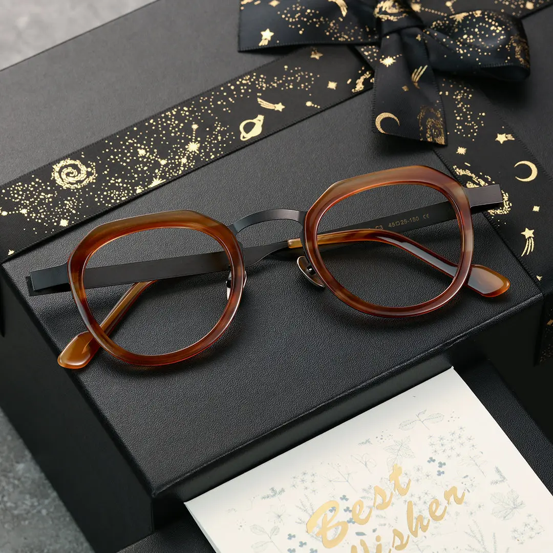 Scene close-up view of Salin vintage geometric metal eyeglasses GM0062304 in brown tortoise