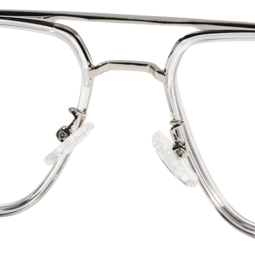 Adjustable nose pad detail of Dusklo geometric metal eyeglasses in silver. SPU: GM0072605