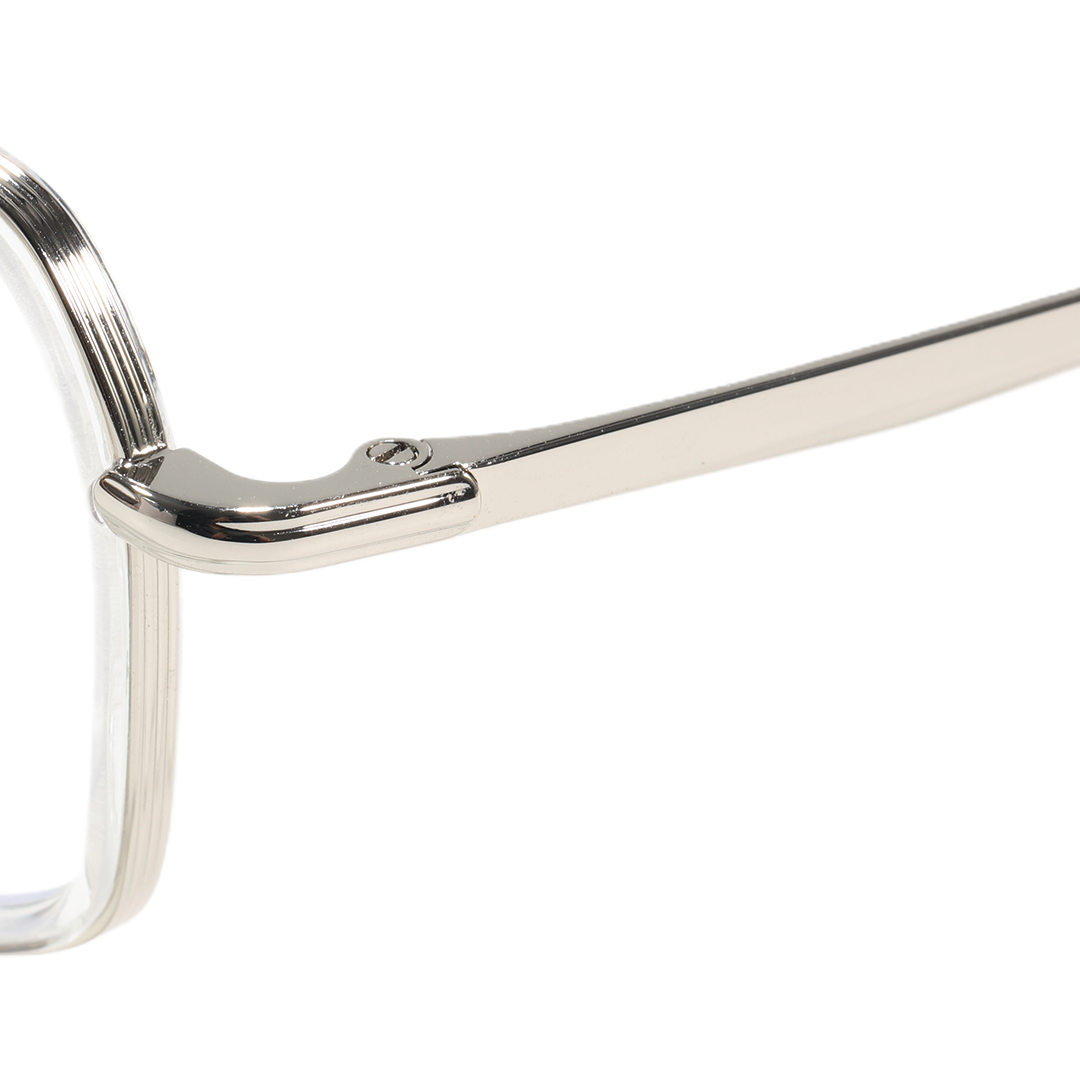 End piece detail of Dusklo geometric metal eyeglasses in silver. SPU: GM0072605