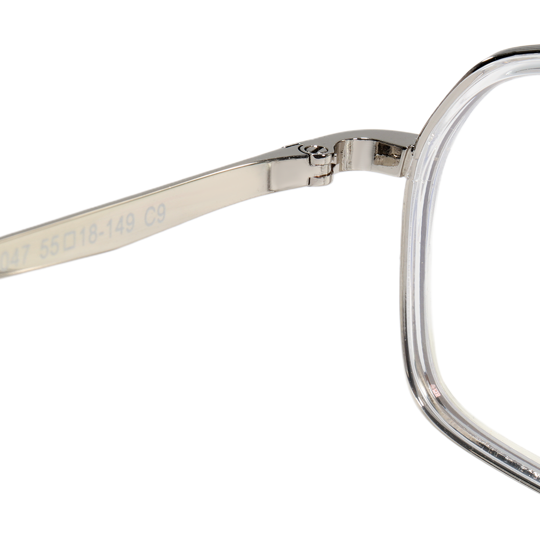 Hinge detail of Dusklo geometric metal eyeglasses in silver. SPU: GM0072605