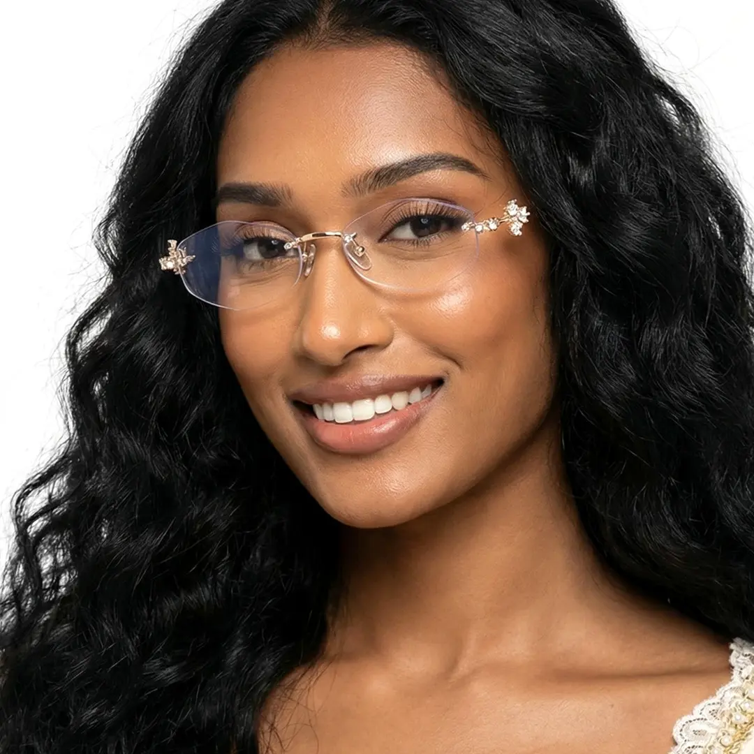 Looking straight ahead view of female wearing y2k gold geometric eyeglasses, friendly smile, GM0102510