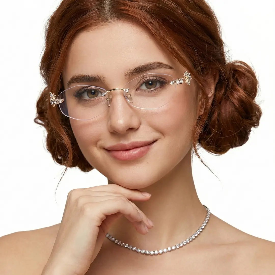 Straight-on view of female wearing y2k gold geometric eyeglasses, resting chin on hand, natural expression, GM0102510