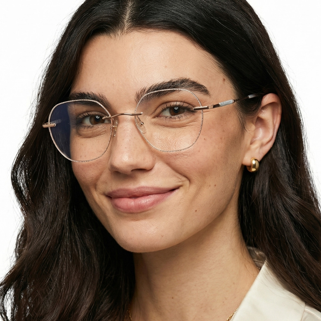 Front view of female wearing gold geometric eyeglasses, natural expression, GM0132410