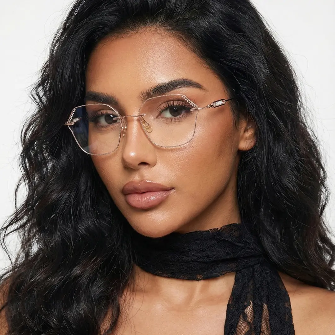 Front view of female wearing clear geometric eyeglasses, natural expression, GM0152511