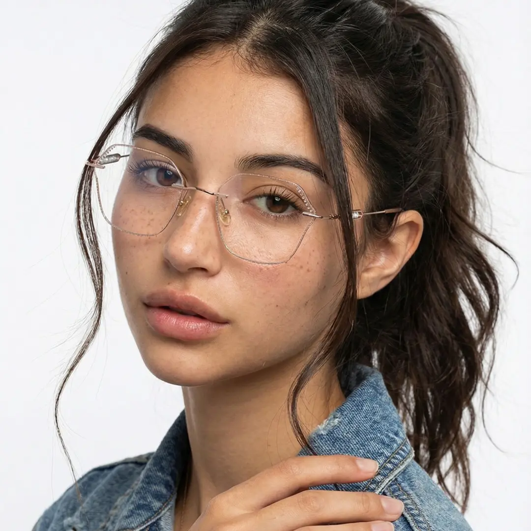 Over-the-shoulder view of female wearing clear geometric eyeglasses, hand touching shoulder, natural expression, GM0152511