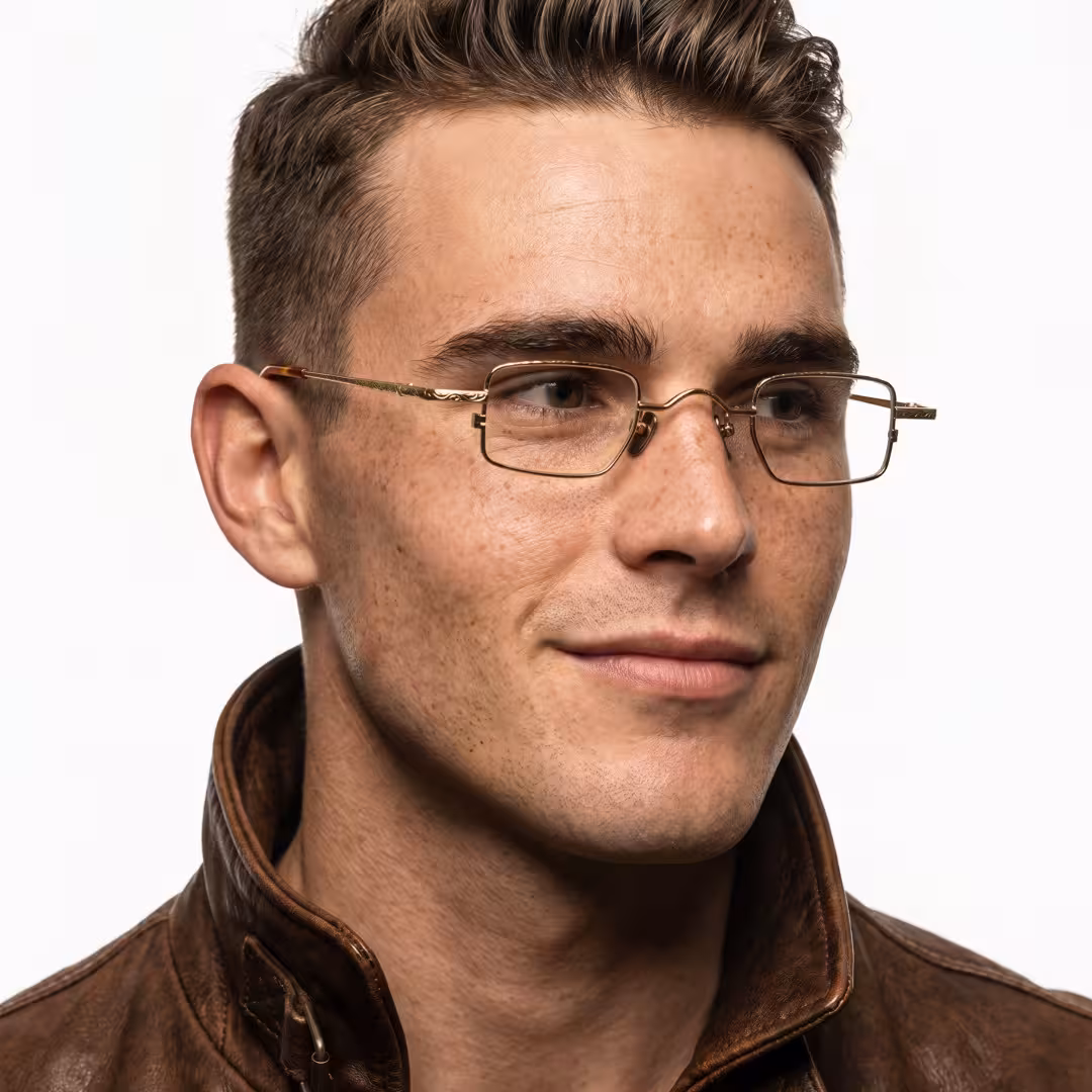 Front view of male wearing vintage gold geometric eyeglasses, natural smile, GM0182605