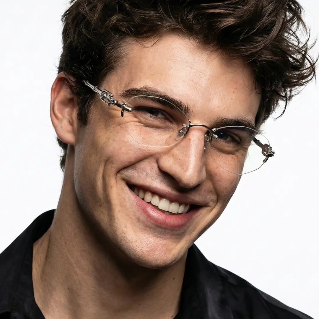 Three-quarter view of male wearing silver geometric eyeglasses, wide smile, GM0192601