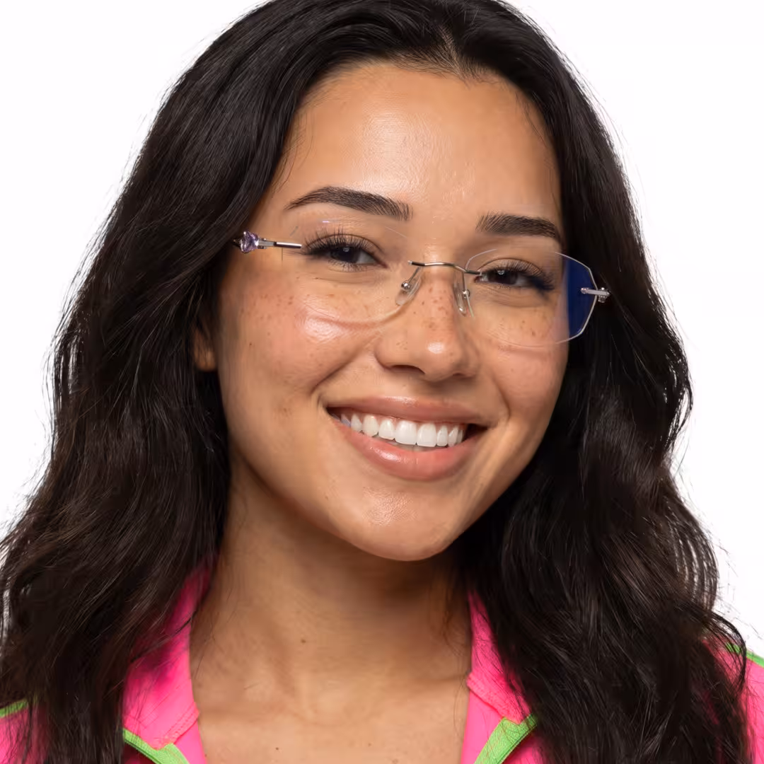 Female wearing fashion silver geometric metal eyeglasses, smiling. SPU: GM0282604