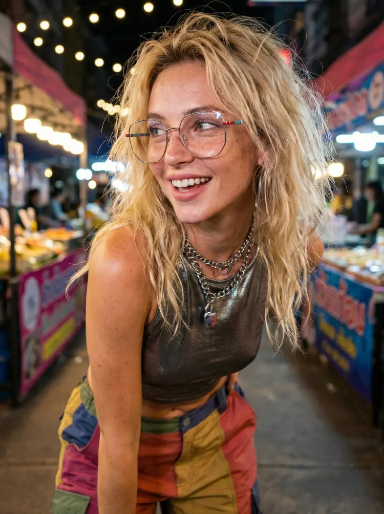 Female model wearing everyday silver geometric metal eyeglasses at a bustling night market. SPU: GM0502302