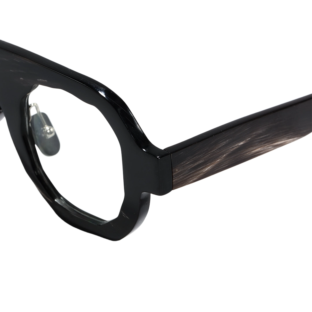 End piece detail of Flint geometric natural ox horn handcrafted eyeglasses GO0242511 in black