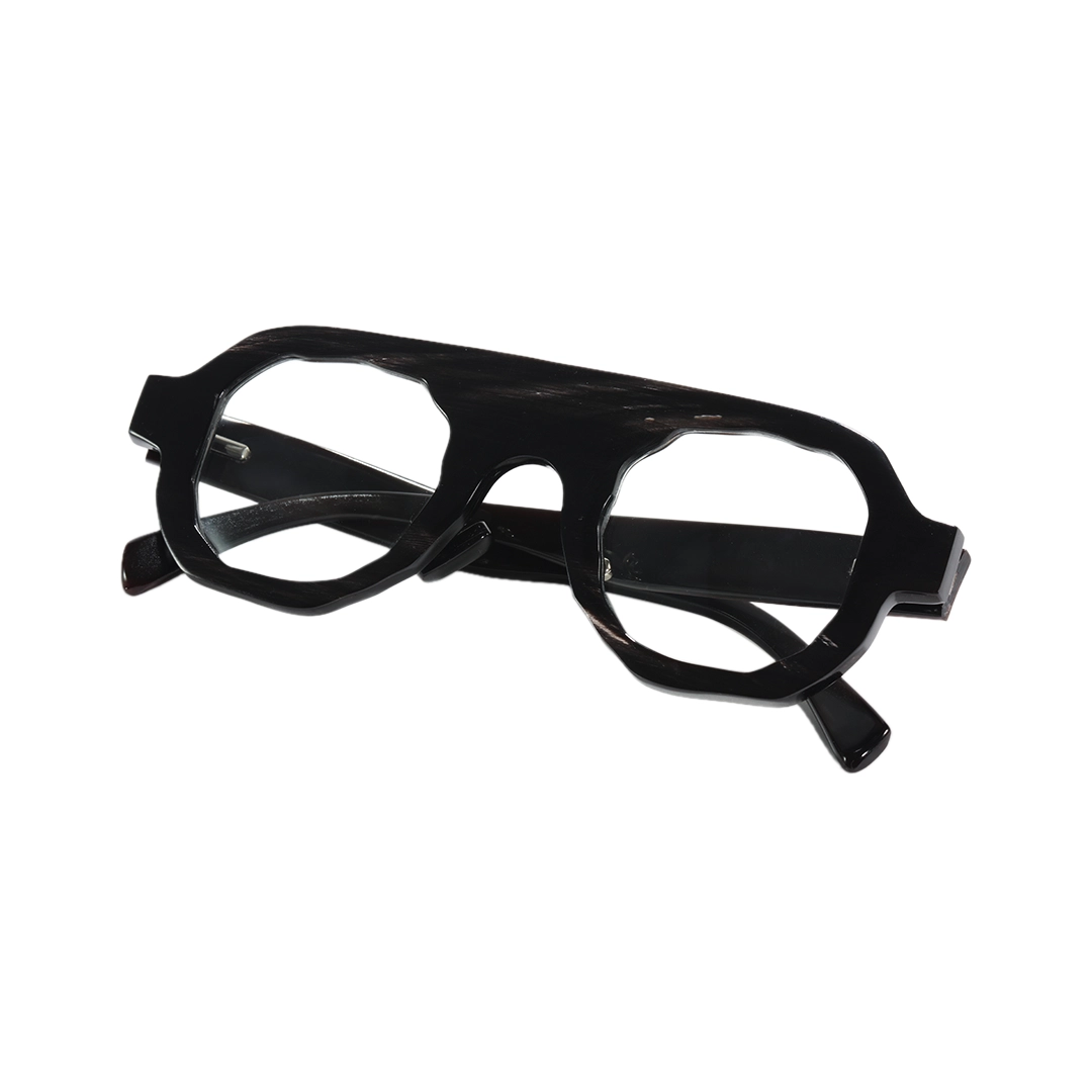 Front folded view of Flint geometric natural ox horn handcrafted eyeglasses GO0242511 in black
