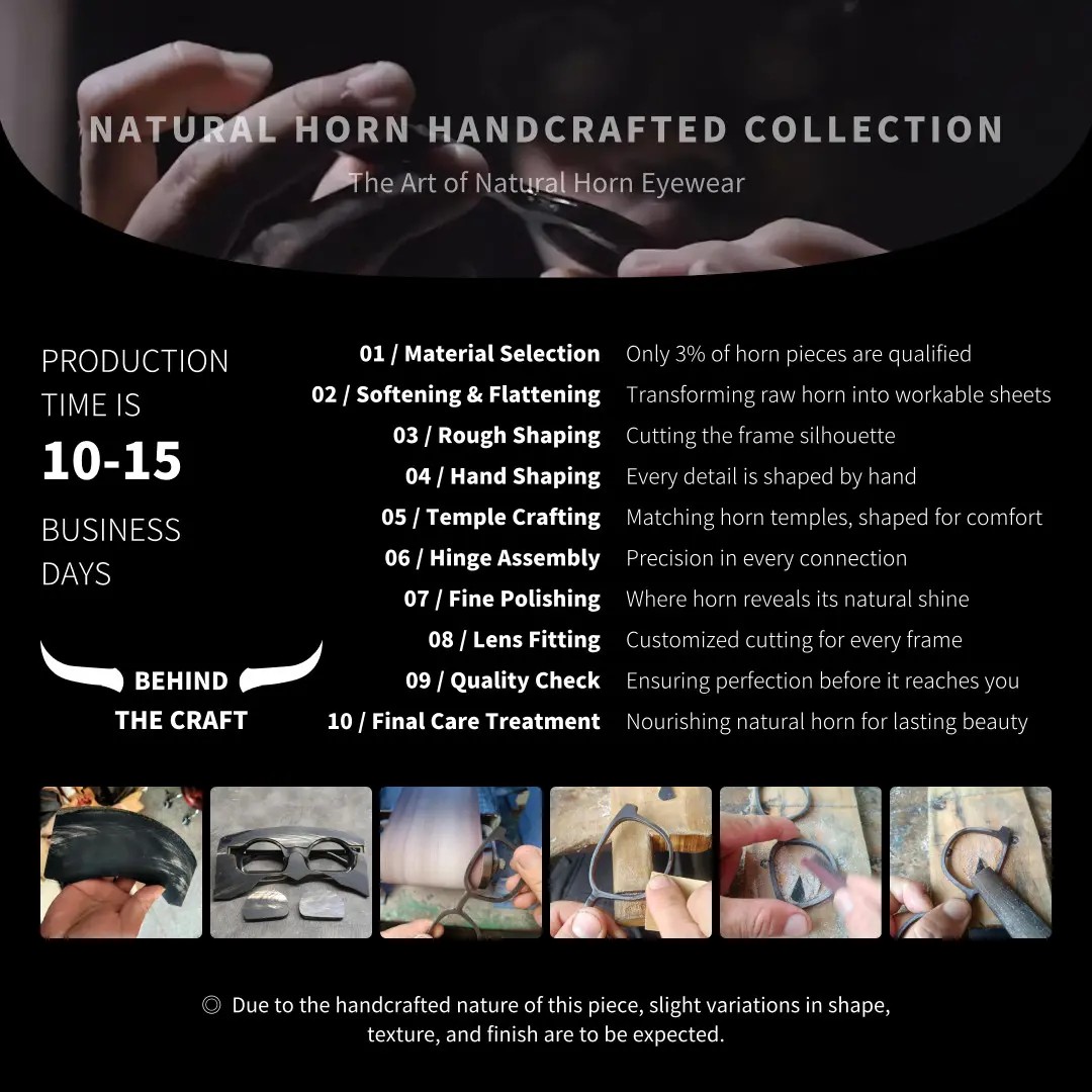 Handcrafted production process timeline of Flint geometric natural ox horn handcrafted eyeglasses GO0242511 in black