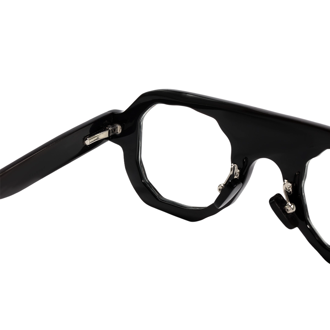 Spring hinge detail of Flint geometric natural ox horn handcrafted eyeglasses GO0242511 in black