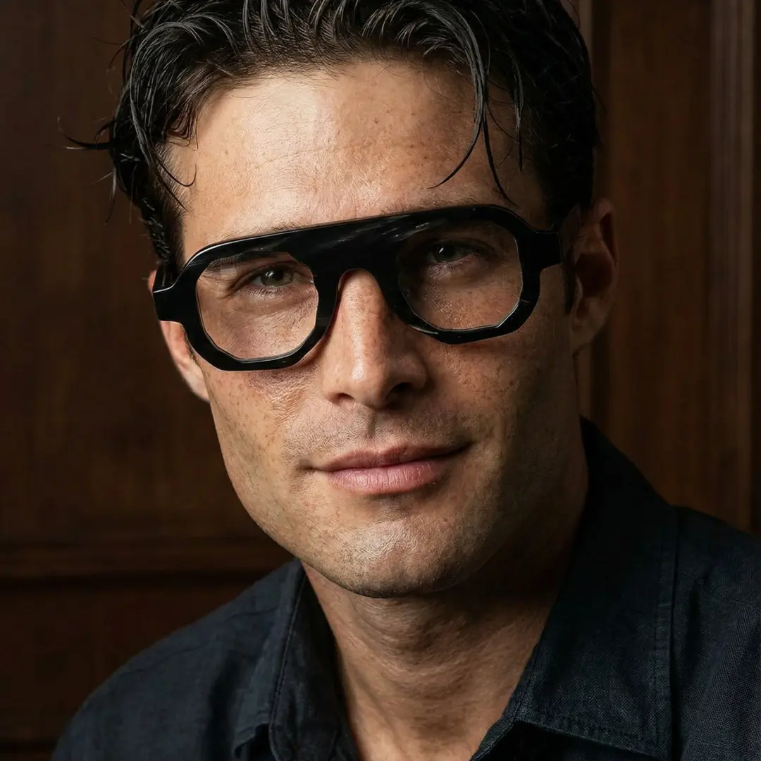 Front view of male wearing black geometric natural ox horn handcrafted eyeglasses, natural expression, GO0242511