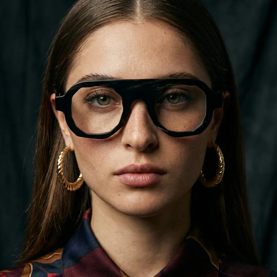 Front view of female wearing black geometric natural ox horn handcrafted eyeglasses, natural expression, GO0242511