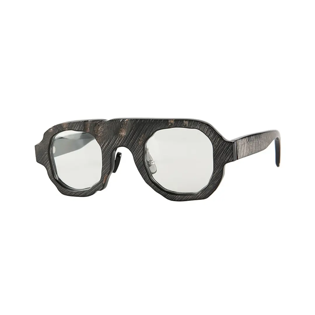 Angle view of Flint geometric natural ox horn handcrafted eyeglasses GO0242511 in gray