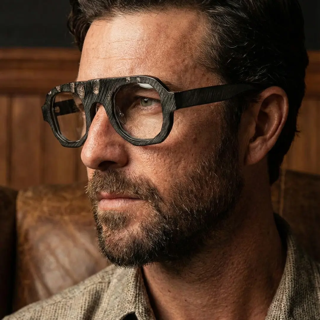 Looking away view of male wearing gray geometric natural ox horn handcrafted eyeglasses, natural expression, GO0242511