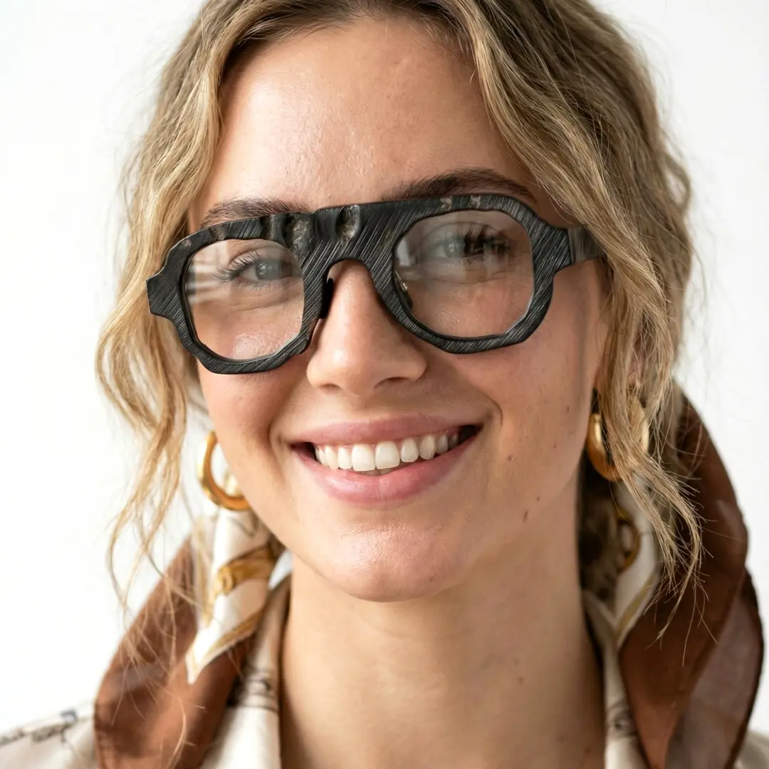 Front view of female wearing gray geometric natural ox horn handcrafted eyeglasses, soft smile, GO0242511