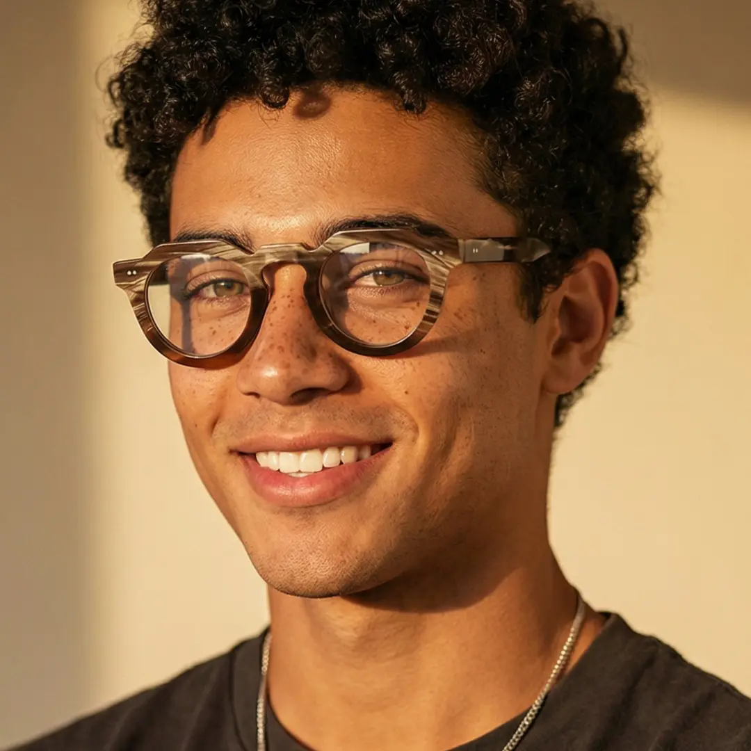 Profile view of male wearing brown geometric natural ox horn handcrafted eyeglasses, natural smile, GO0272511