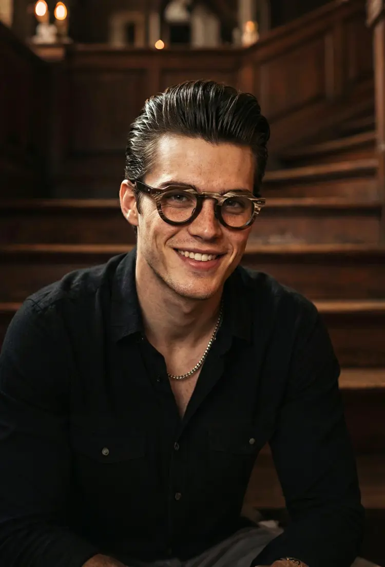 Male model wearing luxury brown geometric natural ox horn handcrafted eyeglasses sitting in front of a vintage wooden staircase with warm lighting. SPU: GO0272511