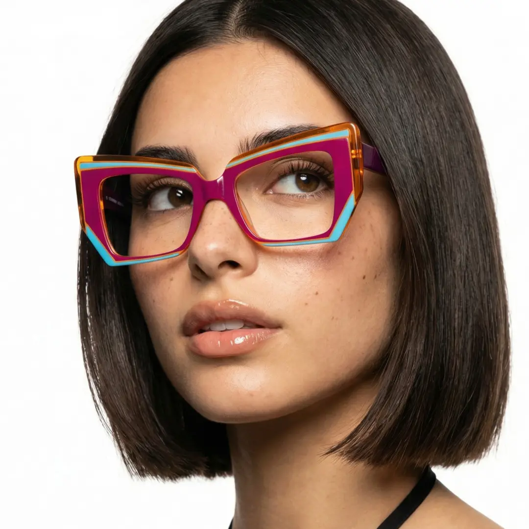 Looking away view of female wearing pink cat eye eyeglasses, natural expression, GP0022403