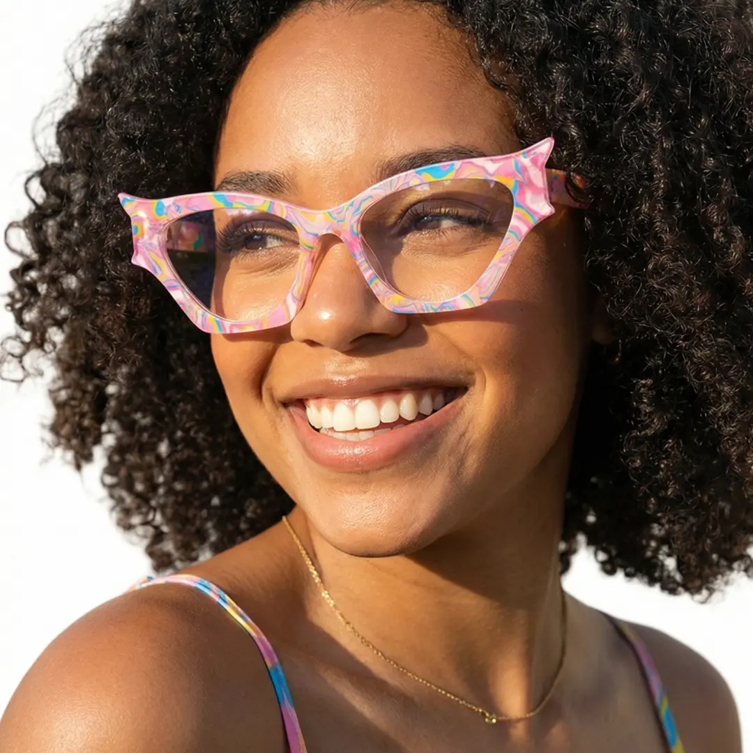 Looking away view of female wearing pink geometric eyeglasses, soft smile, GP0092408