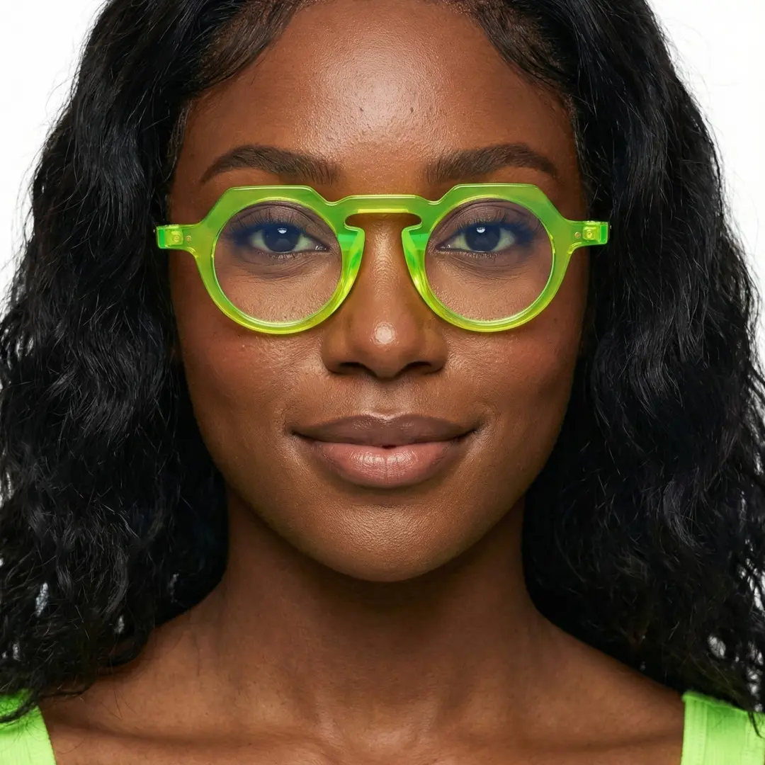 Front view of female wearing vintage bright green geometric eyeglasses, soft smile, GP0122308