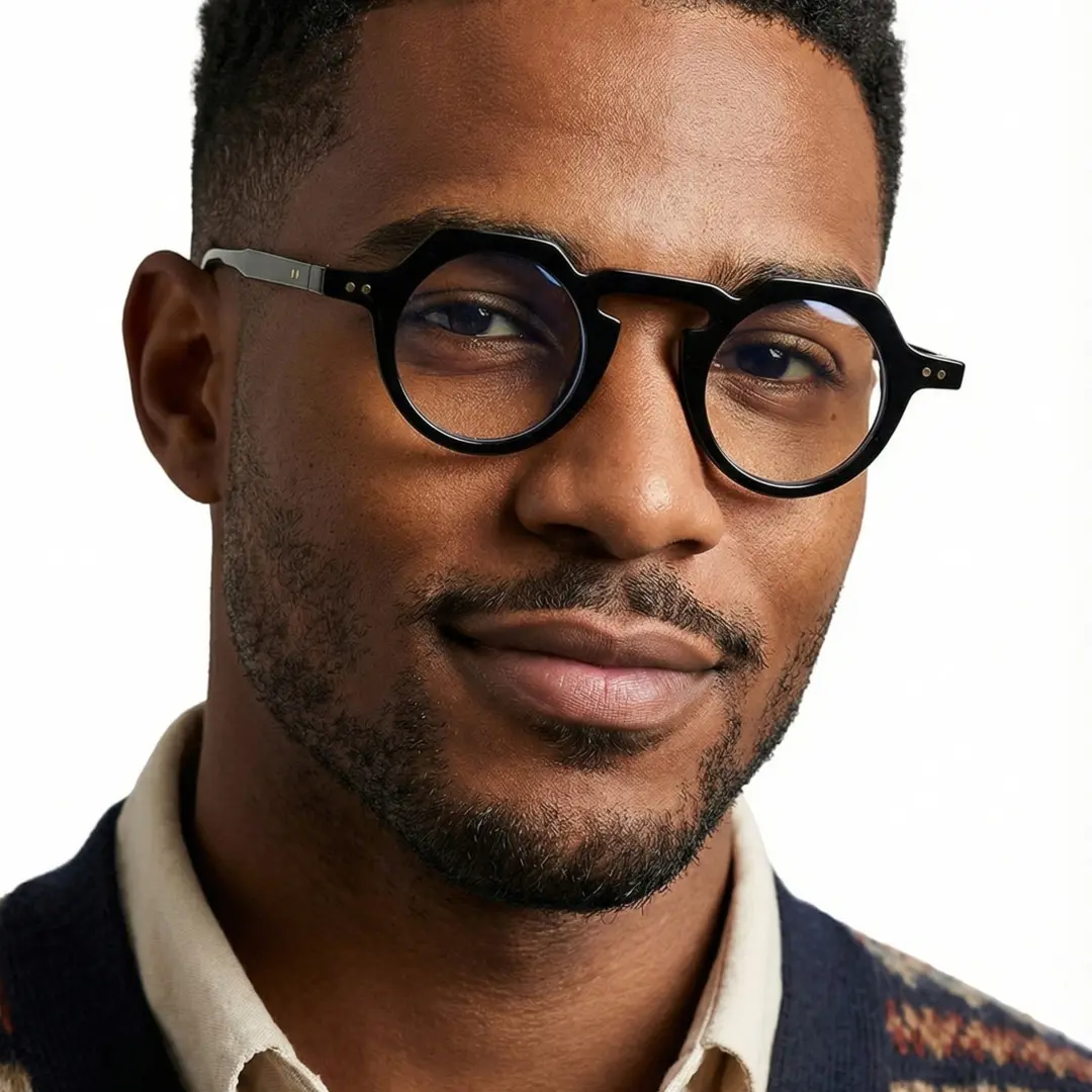 Three-quarter view of male wearing black geometric eyeglasses, soft smile, GP0122308