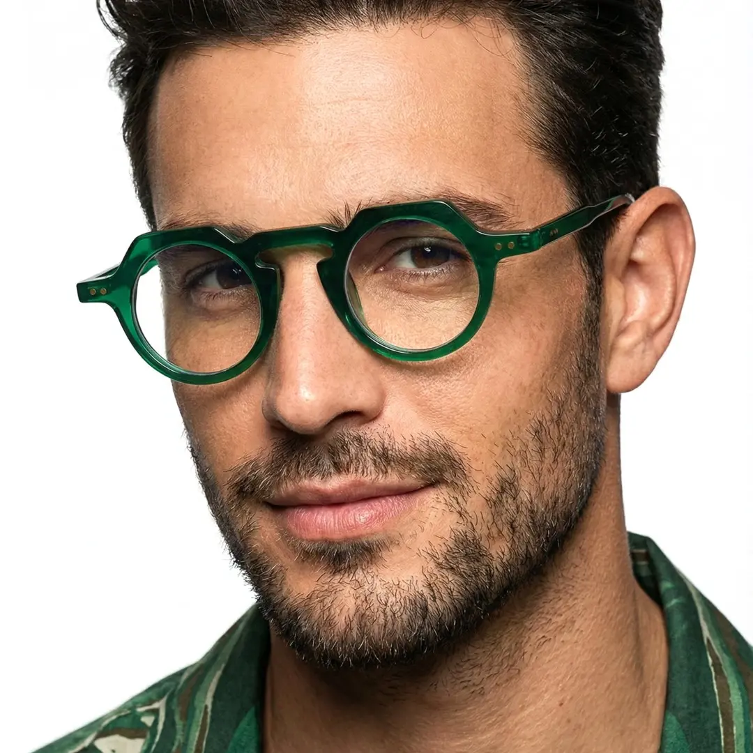Front view of male wearing vintage green geometric eyeglasses, natural smile, GP0122308
