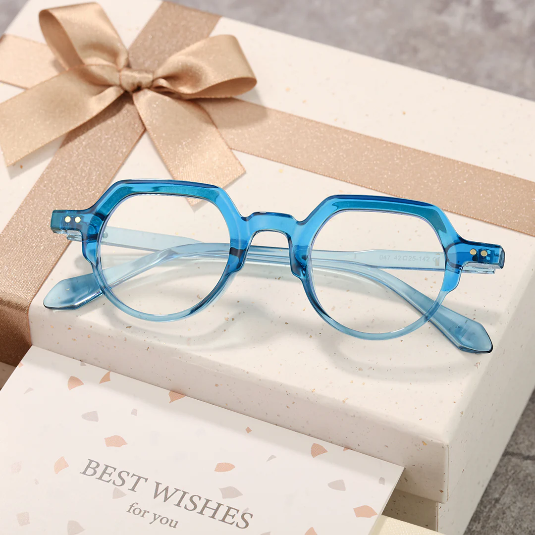 Scene close-up view of Levi geometric pc eyeglasses GP0142308 in blue