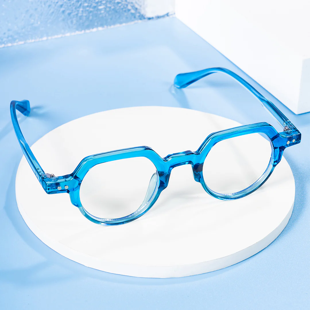 Scene view of Levi geometric pc eyeglasses GP0142308 in blue