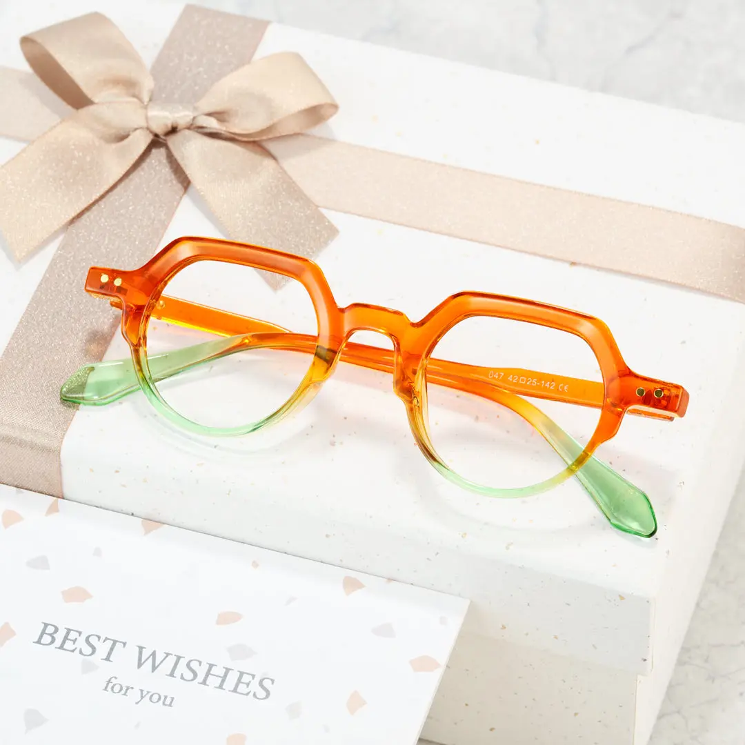 Scene close-up view of Levi geometric pc eyeglasses GP0142308 in orange