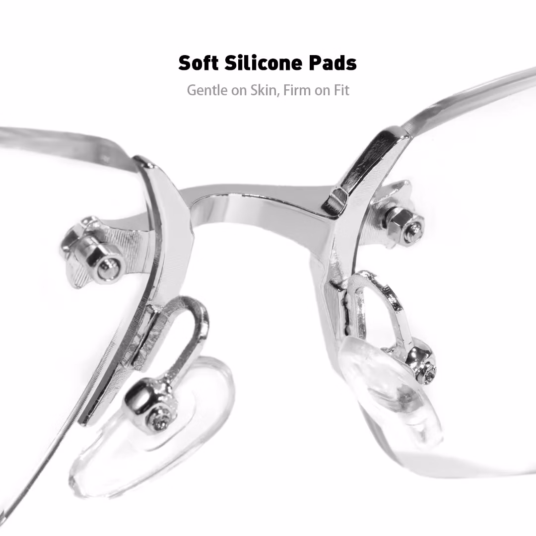 Adjustable nose pad detail of Kairo geometric pc eyeglasses in silver. SPU: GP0322512
