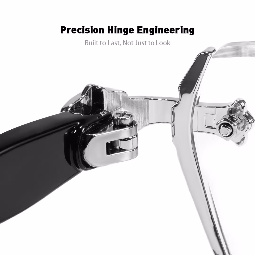 Hinge detail of Kairo geometric pc eyeglasses in silver. SPU: GP0322512