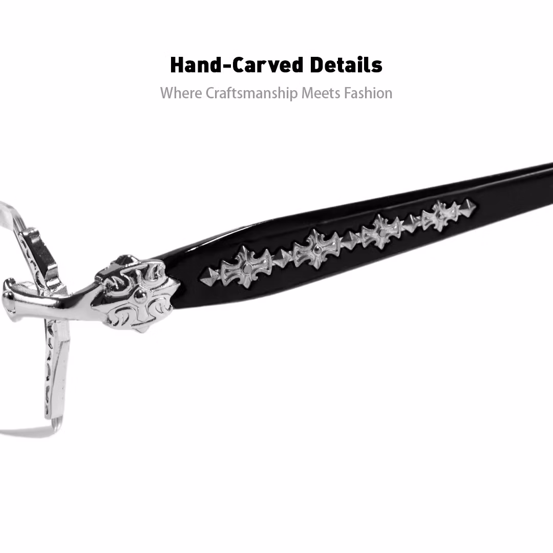 Temple detail of Kairo geometric pc eyeglasses in silver. SPU: GP0322512