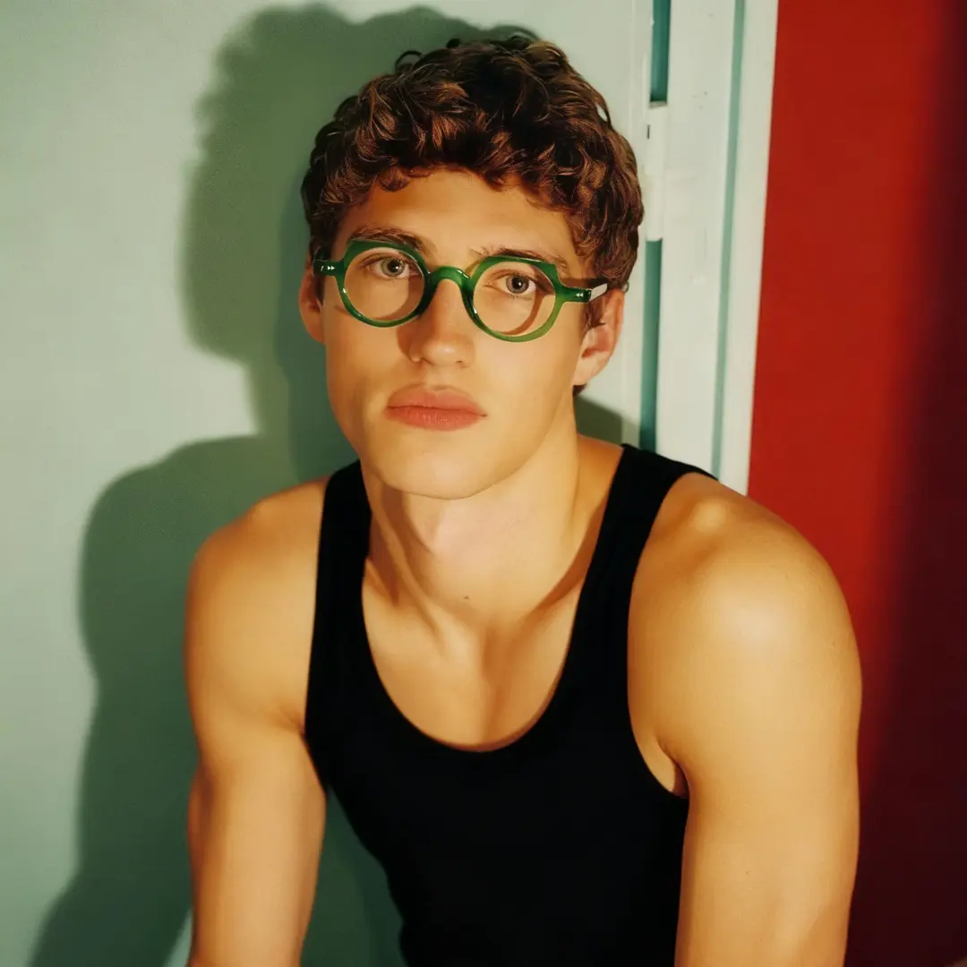 Looking straight ahead view of male wearing green geometric eyeglasses, natural smile, GP0342411